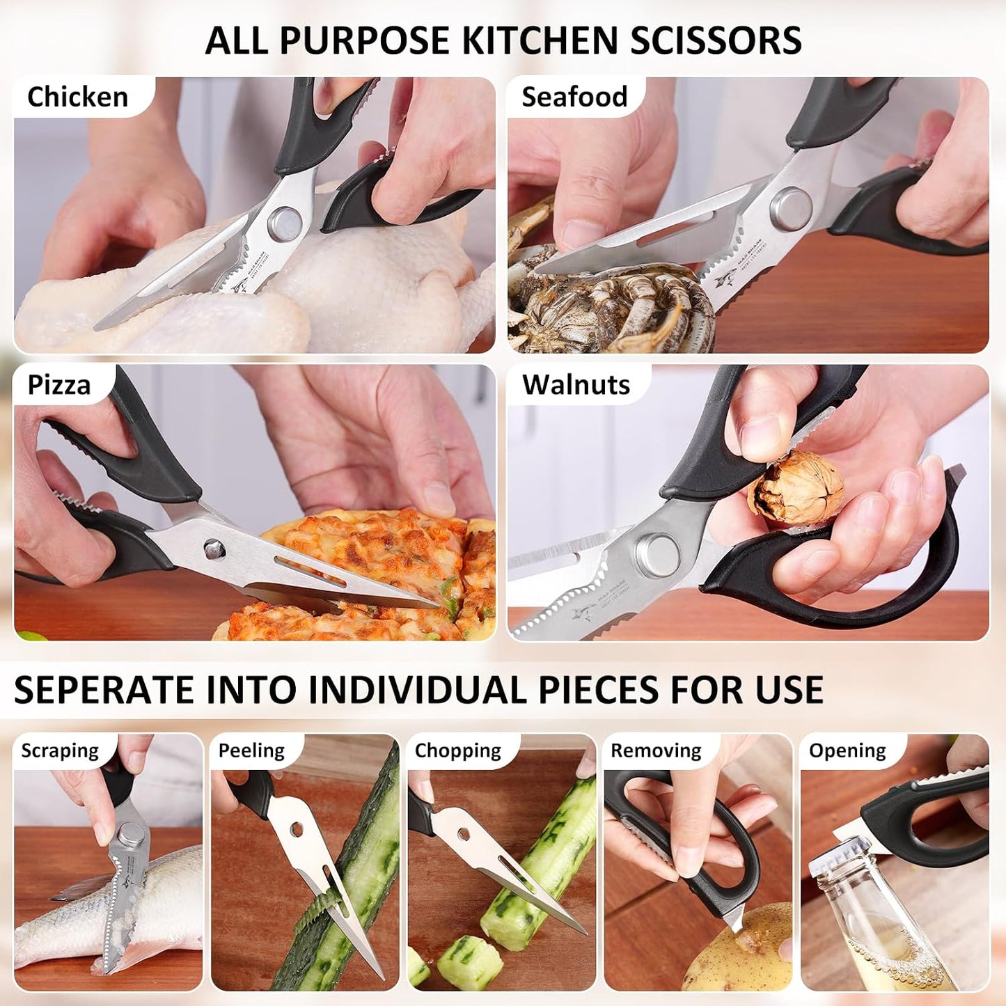 MAD SHARK Kitchen Scissors All Purpose Kitchen Shears Come Apart,Stainless Steel Utility Scissors with Comfort Grip,Heavy Duty Poultry Shears for Food,Chicken,Meat,Fish,Dishwash Safe(BLACK)