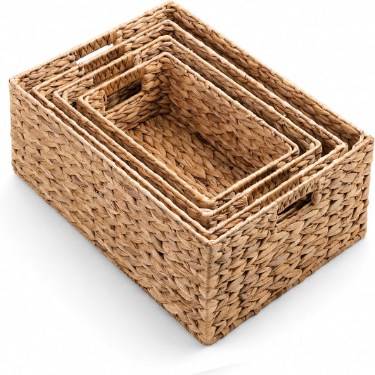 M4DECOR Set of 4 Wicker Storage Baskets for Shelves, Water Hyacinth Storage Baskets, Wicker Baskets for Storage, Kitchen Organizers and Storage Pantry (4 packs)