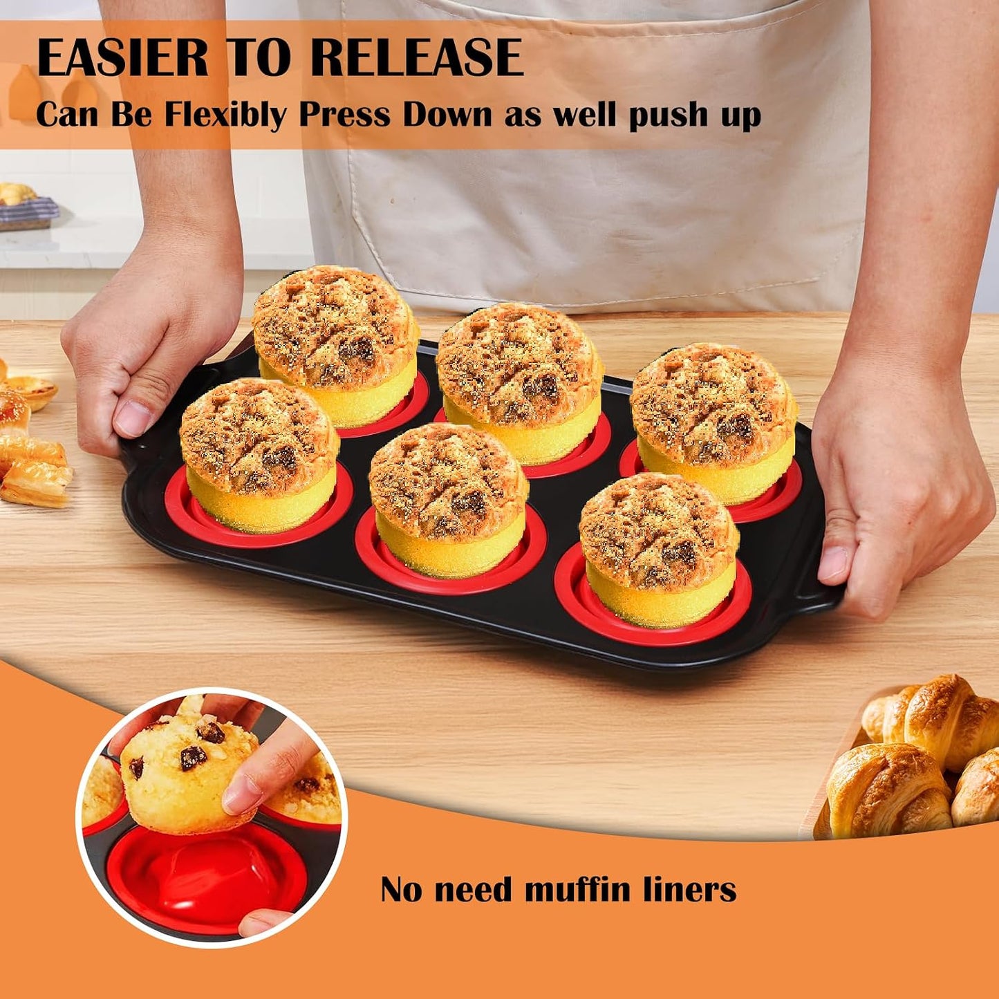 Silicone Muffin Pan for Baking, Non-stick 6 Cup Cupcake Pan with Reinforced Metal Frame, BPA Free, Dishwasher Safe, Oven Safe, Easy Release (Red)