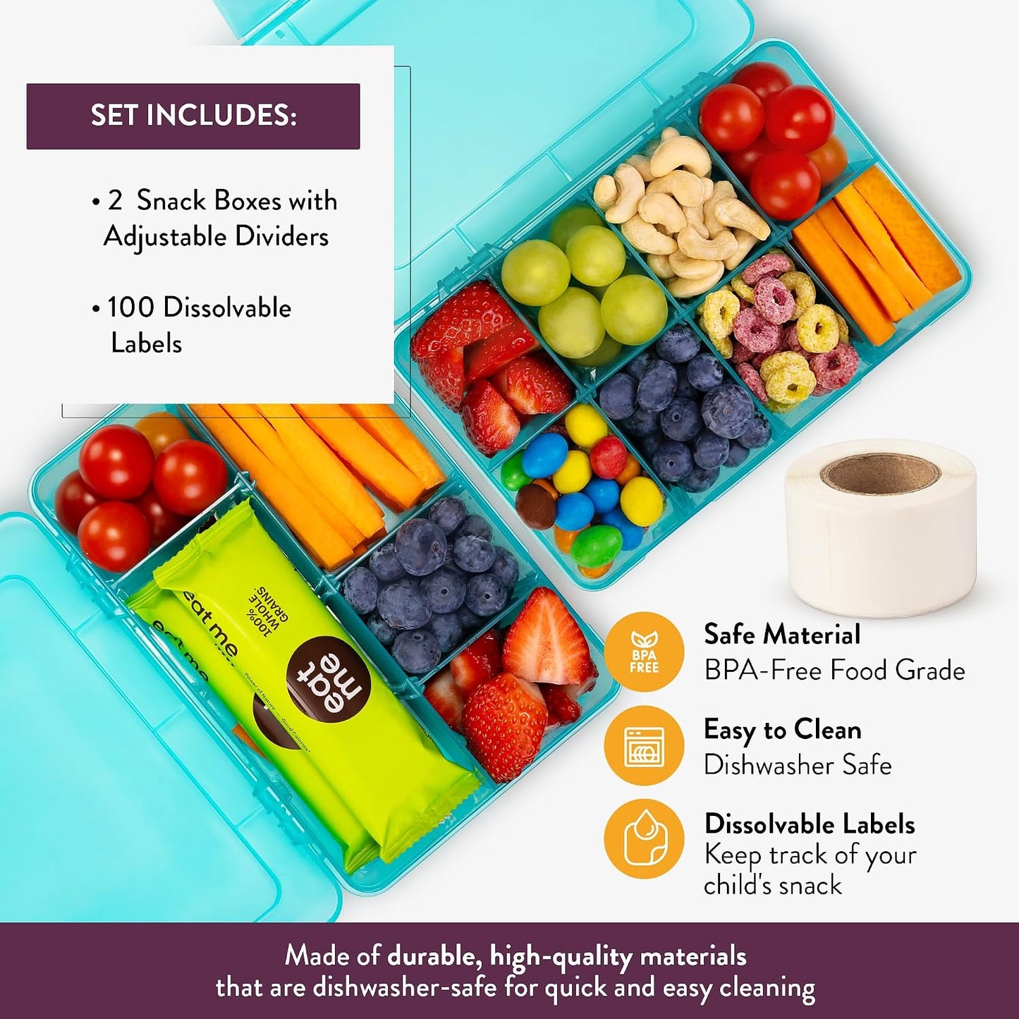 Large Kids Snack Box Containers Set of 2 -100 Labels, BPA-Free, Adjustable Compartments, Dishwasher Safe, Reusable Tray, Food Grade, Meal Prep Container, PARENT TESTED PARENT APPROVED AWARD (Clear)