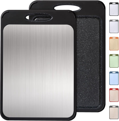 2 Packs Stainless Steel Cutting Board Set, Best Non Toxic Cutting Boards for Kitchen, Double Sided Metal Chopping Board for Meat/Fruit/Vegetables, Food Grade Kitchen Set Gift, [16”×11”+18”×12” Inch]