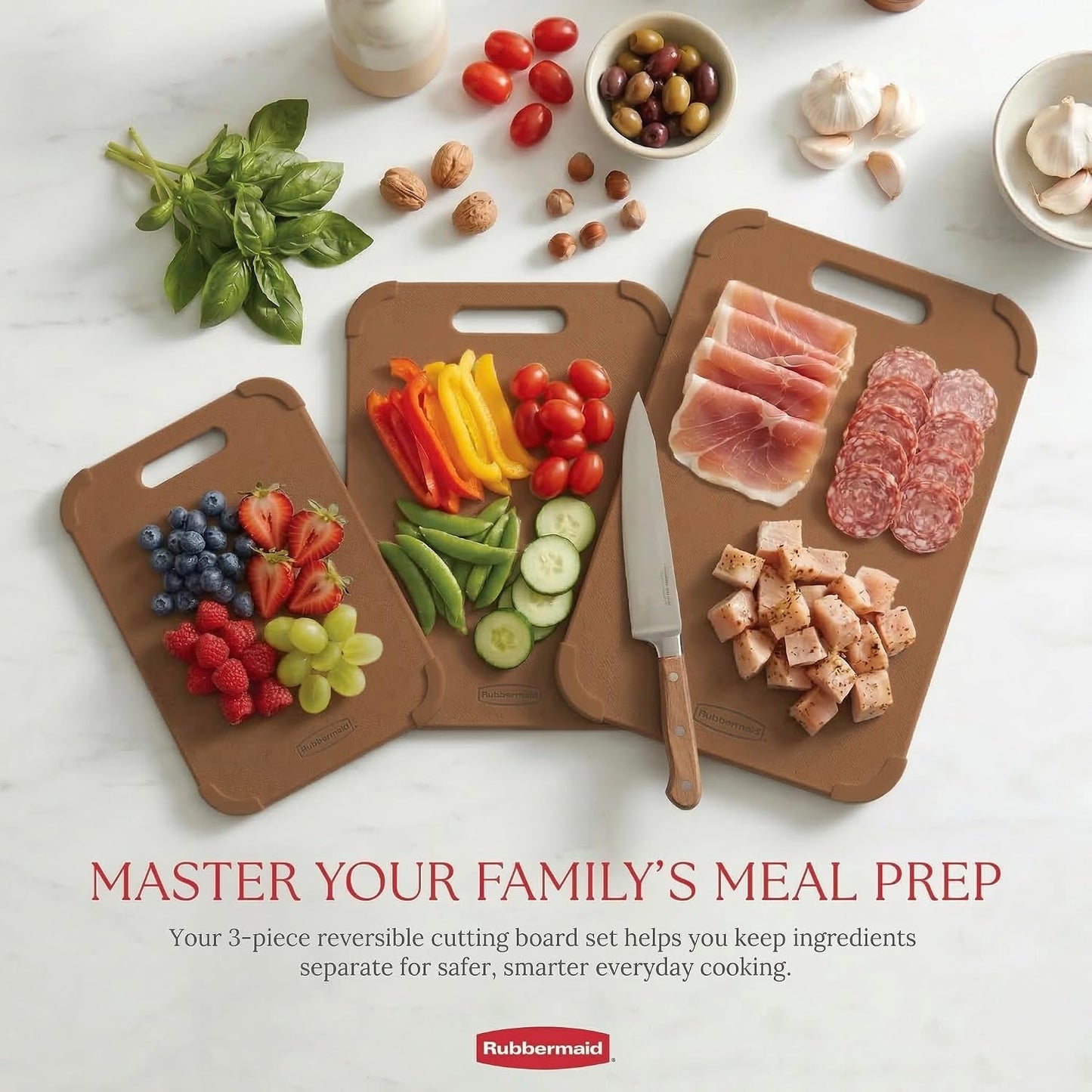 Rubbermaid 3pc Reversible Wheat Fiber Cutting Board Set | Cutting Boards for Kitchen – Dishwasher Safe, Non-Slip Corners, Lightweight & Easy To Store- Large Cutting Board for Meat, Veggies & Fruits