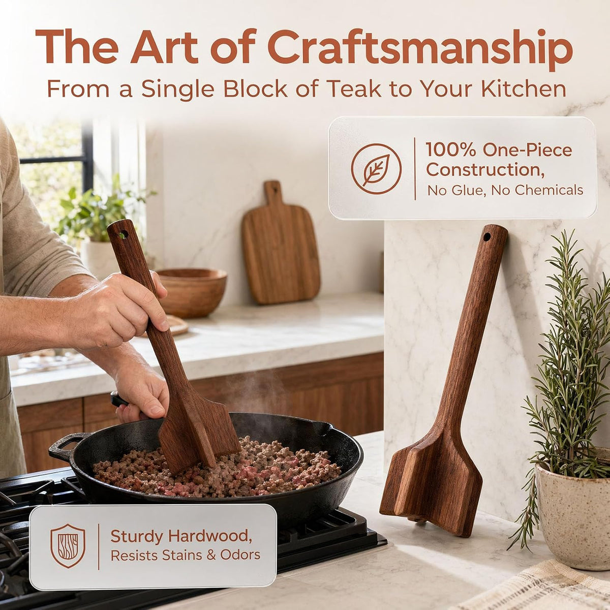 Handcrafted One-Piece Teak Wood Meat Chopper & Masher, Ground Beef Hamburger Smasher, Potato Masher and Chicken Shredder, Durable Kitchen Cooking Utensil Gadget, 11 x 3 Inches