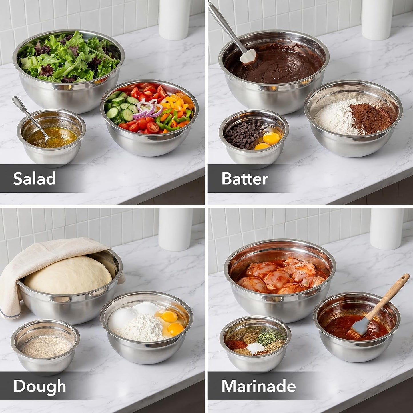 OVENTE Mixing Bowl Set with Lids, 3-Piece Stainless Steel Nesting Bowls for Easy Food Storage, Stackable Design, Kitchen Essential for Baking, Cooking and Prepping, Size 5, 3.5, 1.5QT, Silver BM46333S