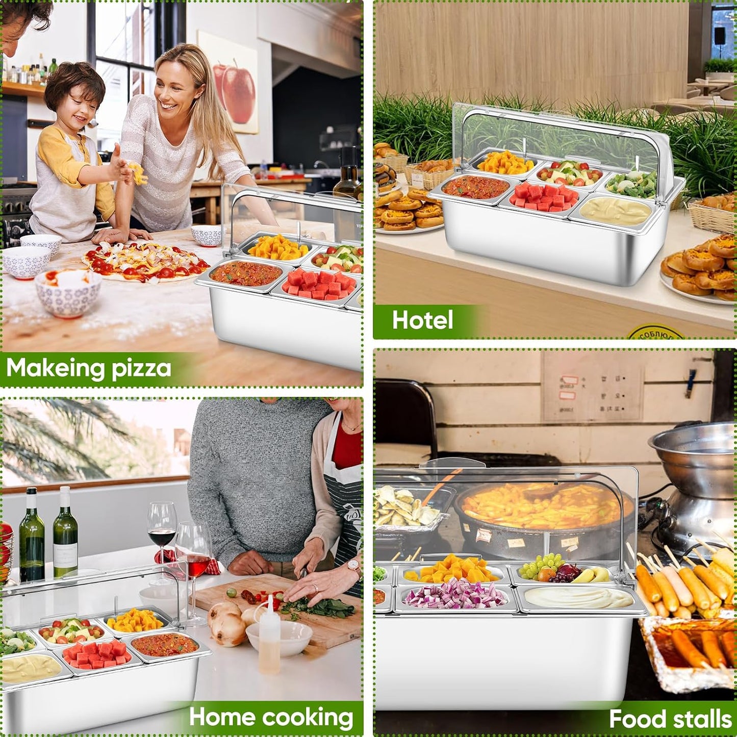 Countertop Food Serving Display Container with Clear Roll Top Cover, Stainless Steel Serving Tray Buffet Condiment Dispenser Ice Cooled Food Display Rack Pans(6 Pan)