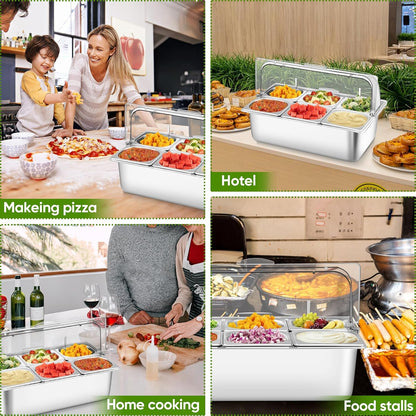 Countertop Food Serving Display Container with Clear Roll Top Cover, Stainless Steel Serving Tray Buffet Condiment Dispenser Ice Cooled Food Display Rack Pans(6 Pan)