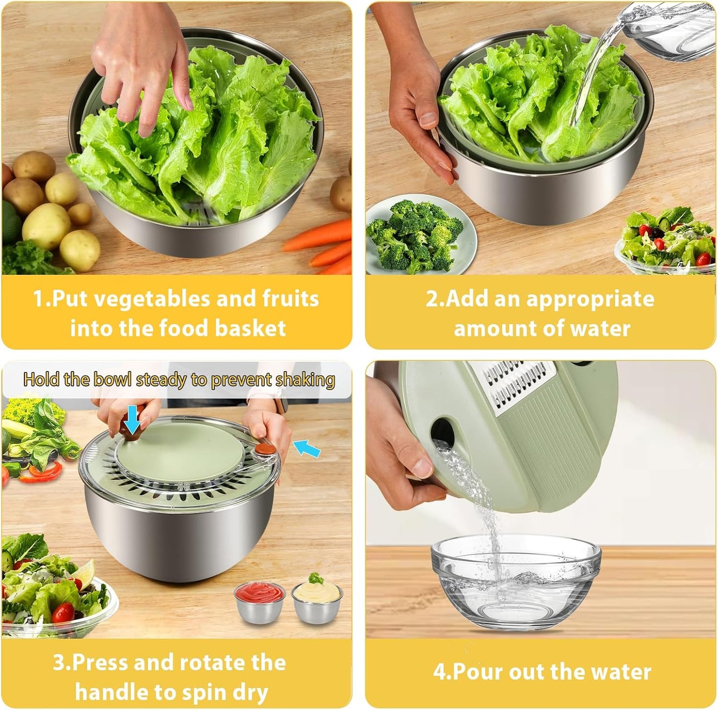 KITHELP Stainless Steel Salad Spinner Large, Vegetables Fruits Wash Bowl with Strainer, Lettuce Spinner Dryer for Efficient Salad Preparation 5.3Qt