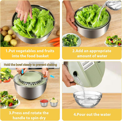 KITHELP Stainless Steel Salad Spinner Large, Vegetables Fruits Wash Bowl with Strainer, Lettuce Spinner Dryer for Efficient Salad Preparation 5.3Qt