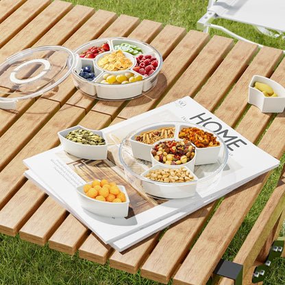 Divided Serving Tray with Lid and Handle, Portable Snackle Box, 6 Compartment Food Container, Travel Snack Box Container for Veggie, Fruit, Candy and Charcuterie
