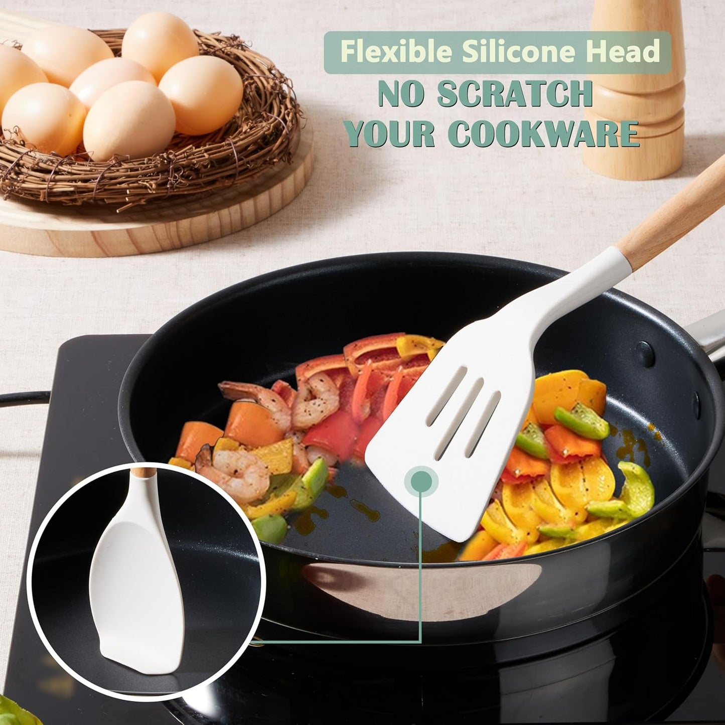 E-far Silicone Cooking Utensils Set, 5-Piece Kitchen Utensils Set with Wooden Handle for Cooking, Silicone Kitchen Nonstick Tools Spatula Turner Slotted Spoons, Nontoxic & Heat Resistant-Khaki