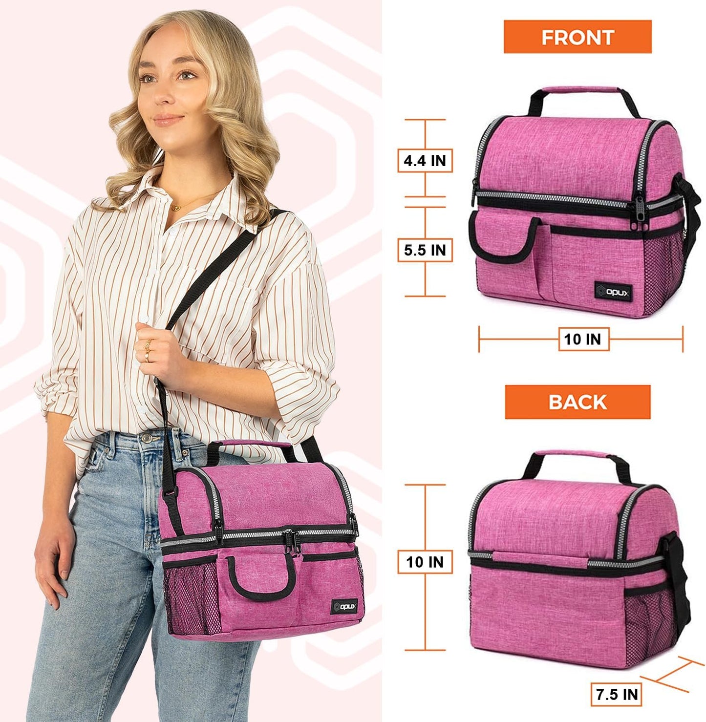 opux Insulated Lunch Bag Women Men, Dual Compartment Leakproof Lunch Box Adults Kids, Double Decker Meal Prep Bento Lunch Cooler Tote with Shoulder Strap for Work Office School Travel, Floral Purple