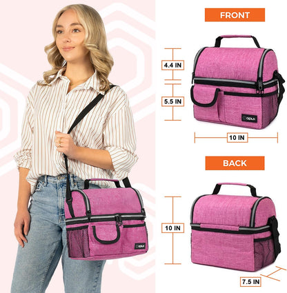 opux Insulated Lunch Bag Women Men, Dual Compartment Leakproof Lunch Box Adults Kids, Double Decker Meal Prep Bento Lunch Cooler Tote with Shoulder Strap for Work Office School Travel, Floral Purple