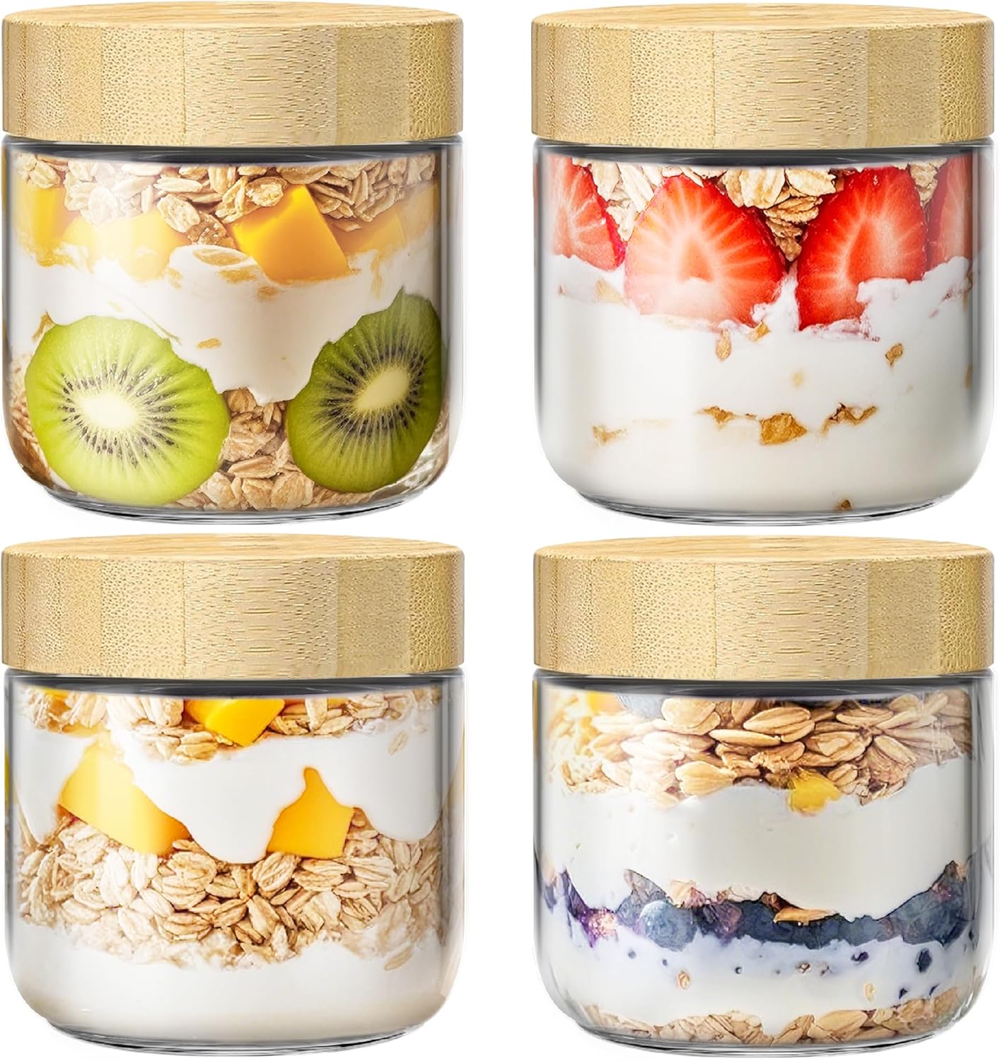 6 Pack 16oz Overnight Oats Containers with Bamboo Lids, Glass Jars with Airtight Lids for Meal Prep, Wide Mouth Mason Salad Jars, Glass Food Storage Container for Yogurt Chia Snacks Spice Sugar