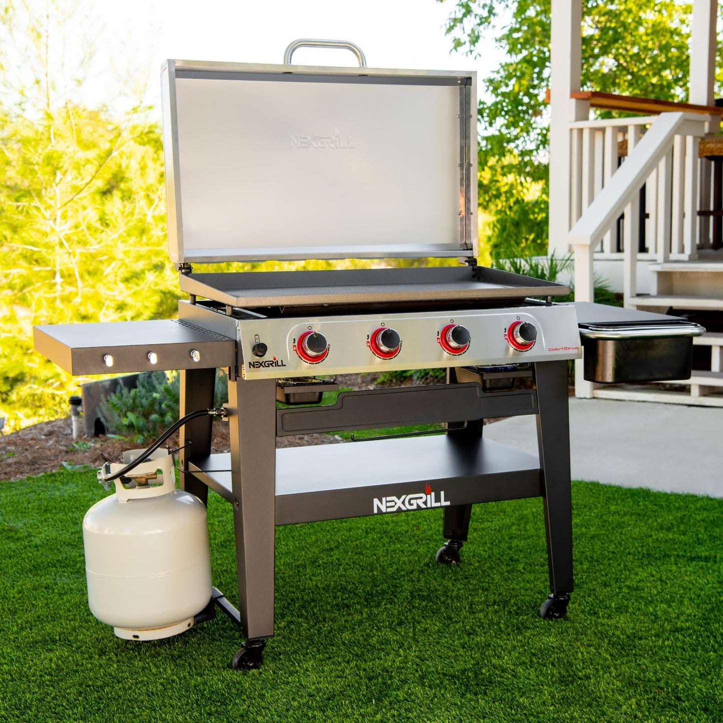 Nexgrill Daytona 4-Burner Propane Gas Griddle with Side Tables, 60000 BTU Flat Top Grill, 756 SQ In. Hot-Rolled Steel Cooking Space, Outdoor Cooking Barbeque, Black/Silver - 720-1058A