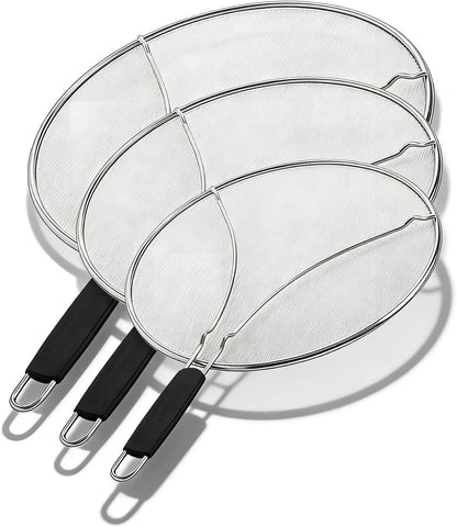 Premium Stainless Steel Grease Splatter Screen for Frying Pans & Cooking Pots, Fine Mesh Oil Splatter Guard with Comfort Grip Handles, 3 Size Set (9.5/11.5/13 Inches) (9.5/11.5inches)
