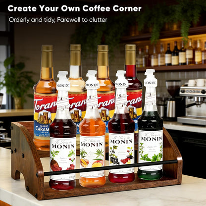 Countertop Liquor Bottle Organizer Shelf, 3-Tier | Rustic Display Rack, For Wine & Coffee Syrups, Freestanding Bar and Kitchen Storage, Easy-Carry Handles
