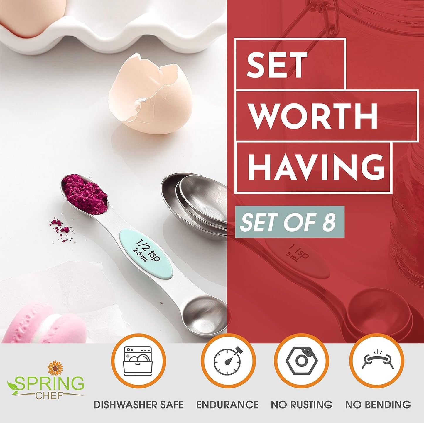 Spring Chef Stainless Steel Magnetic Measuring Spoons Set with Strong N45 Magnets, Heavy Duty Metal Kitchen Gadgets for Baking & Cooking, Fits in Most Kitchen Spice Jars, Set of 8 with Leveler, Black