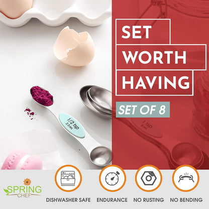 Spring Chef Stainless Steel Magnetic Measuring Spoons Set with Strong N45 Magnets, Heavy Duty Metal Kitchen Gadgets for Baking & Cooking, Fits in Most Kitchen Spice Jars, Set of 8 with Leveler, Black