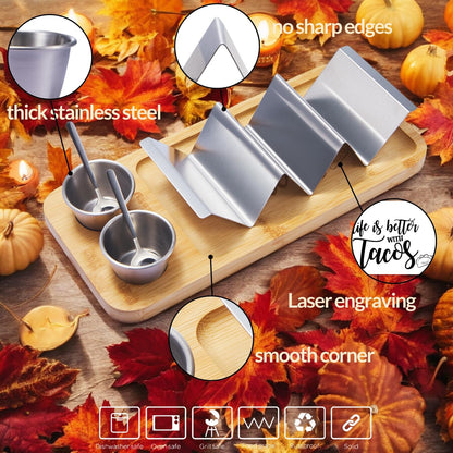 Taco Holder Kit, 3-in-1 Taco Set - Taco Shell Stand + Serving Tray + Sauce Cup, Taco Presentation Rack Plate for Taco Tuesday Bar Party, Gifts for Taco Lovers Holiday Accessories Cinco de Mayo Events