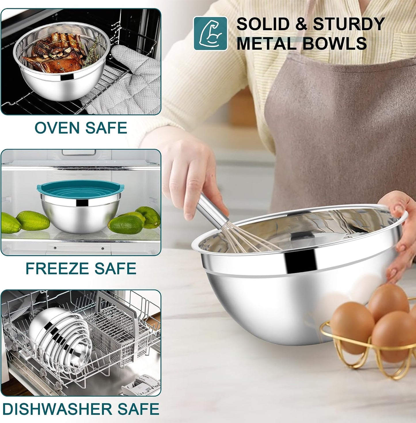 E-far Stainless Steel Mixing Bowls with Lids Set, 5-Piece Nesting Salad Bowls with 3 Grater Attachments and Non-Slip Bottoms, Size 4.6, 2.6, 2, 1.5, 1QT for Kitchen (Khaki)