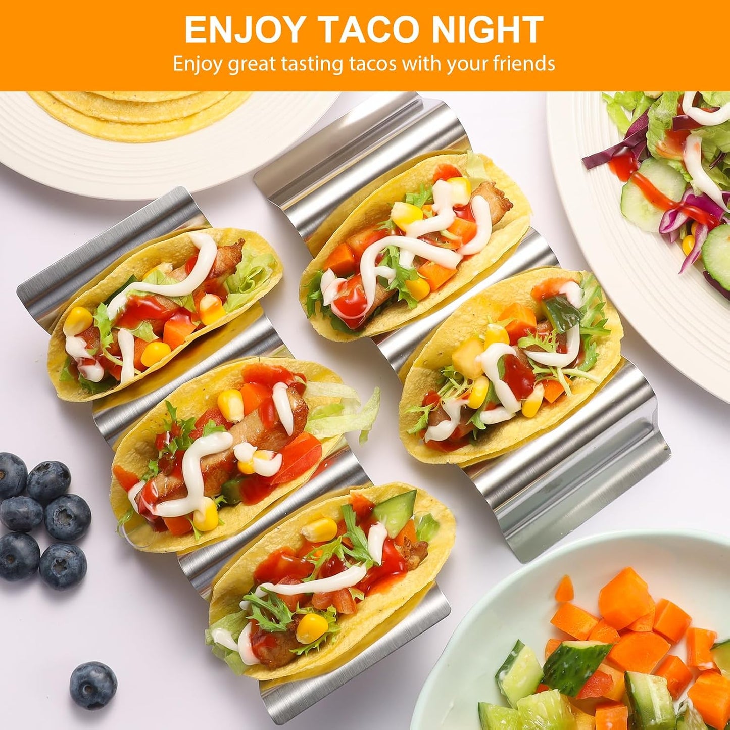 Taco Holder 12 Packs - Stainless Steel Taco Holders set of 12, Oven & Dishwasher & Grill Safe Taco Shell Tray, Each Metal Taco Stands for 3 Tacos, Stylish Taco Rack with Handles