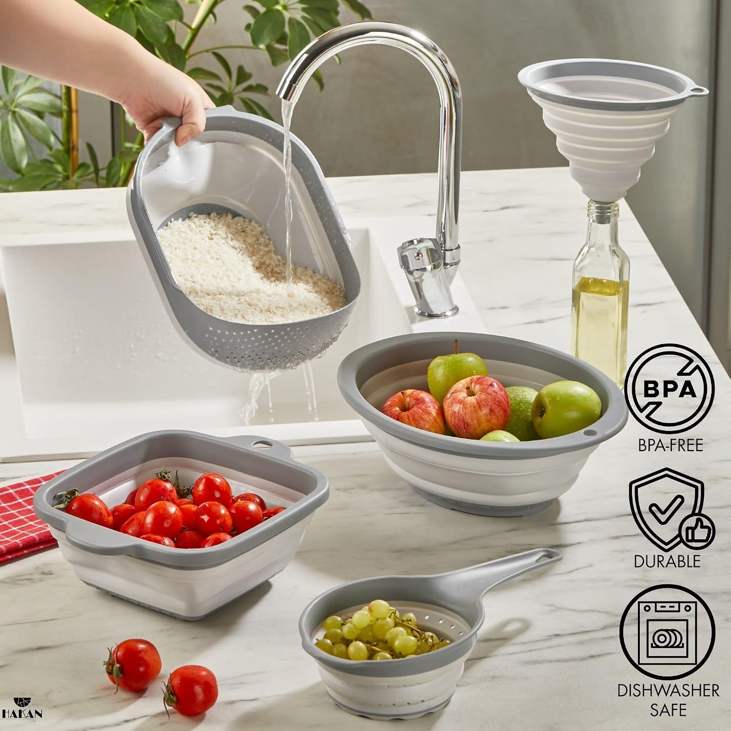 Collapsible Colanders for Kitchen, Space-Saving Plastic Colanders, Accordion Strainers with Handle & Rice Strainer