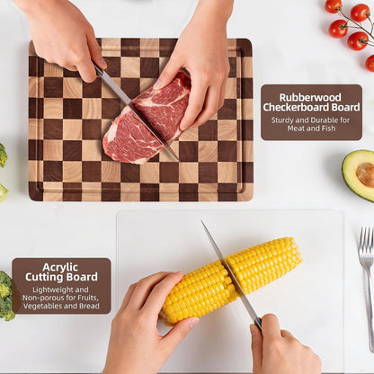 Checkered Cutting Board Set for Kitchen - 3 PCS Solid Wood End Grain Checkerboard Chopping Board with Holder & Juice Groove, Wooden Cutting Boards for Meat, Vegetables, Fruits (S, M, L)