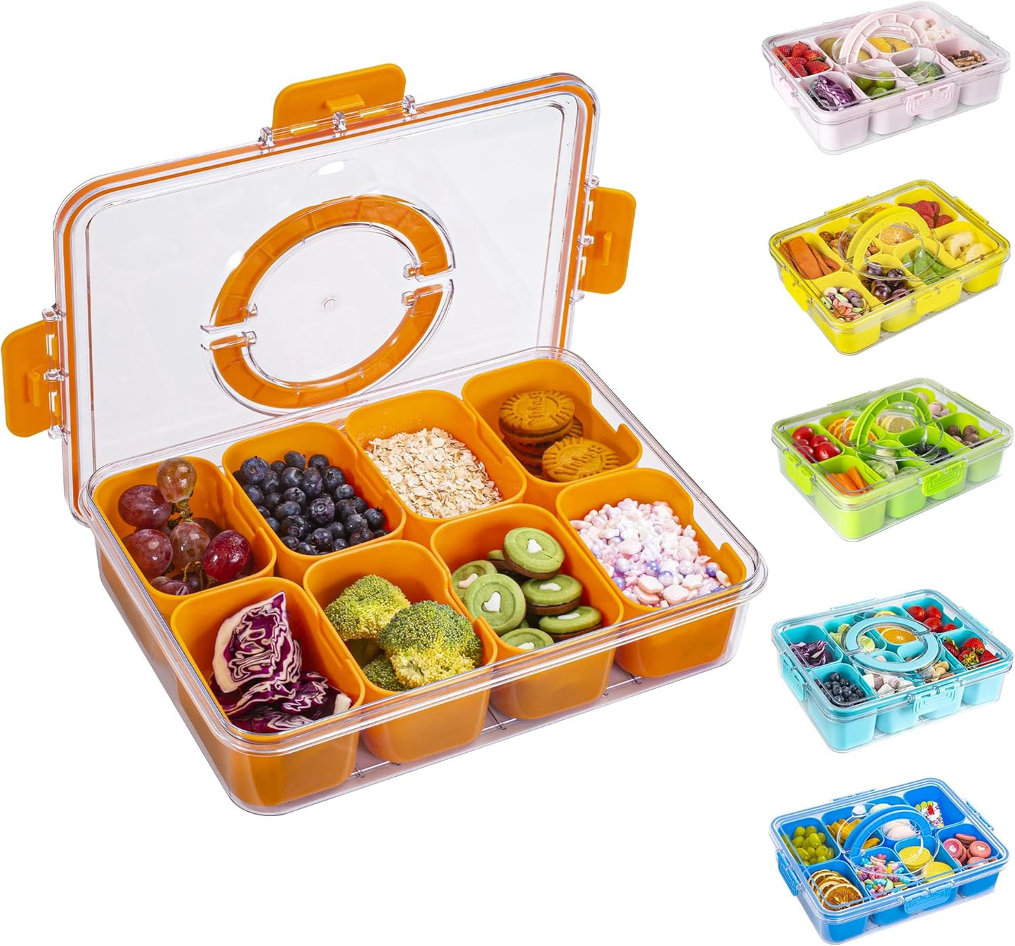 WACOI Divided Snack Serving Tray with Lid and Handle travel Snackle Box Charcuterie Container Portable Storage Organizer for Candy, Fruits, Nuts, Snacks 1Pack White