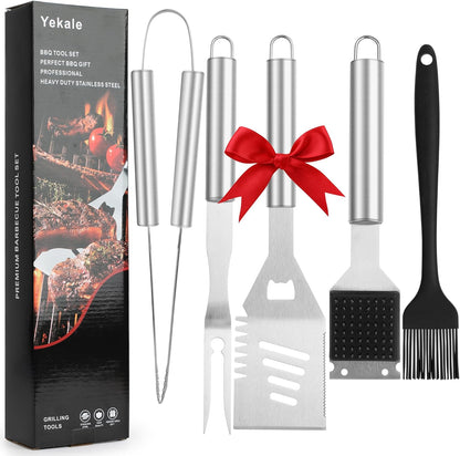 Yekale BBQ Grill Accessories Set, Grill Tools Grilling Accessories Grilling Gifts for Men - Spatula, Fork, Brush, Tongs & Cleaning Brush - Outdoor Barbecue Utensils Gifts for Men Dad Him (Sliver)