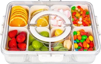 Patent Divided Serving Tray with Lid & Handle - Snackle Box Organizer for Charcuterie, Sandwiches, Veggies, Fruits, Candy - Portable Food Storage for Travel, Beach, Picnics（1 pcs, Orange）