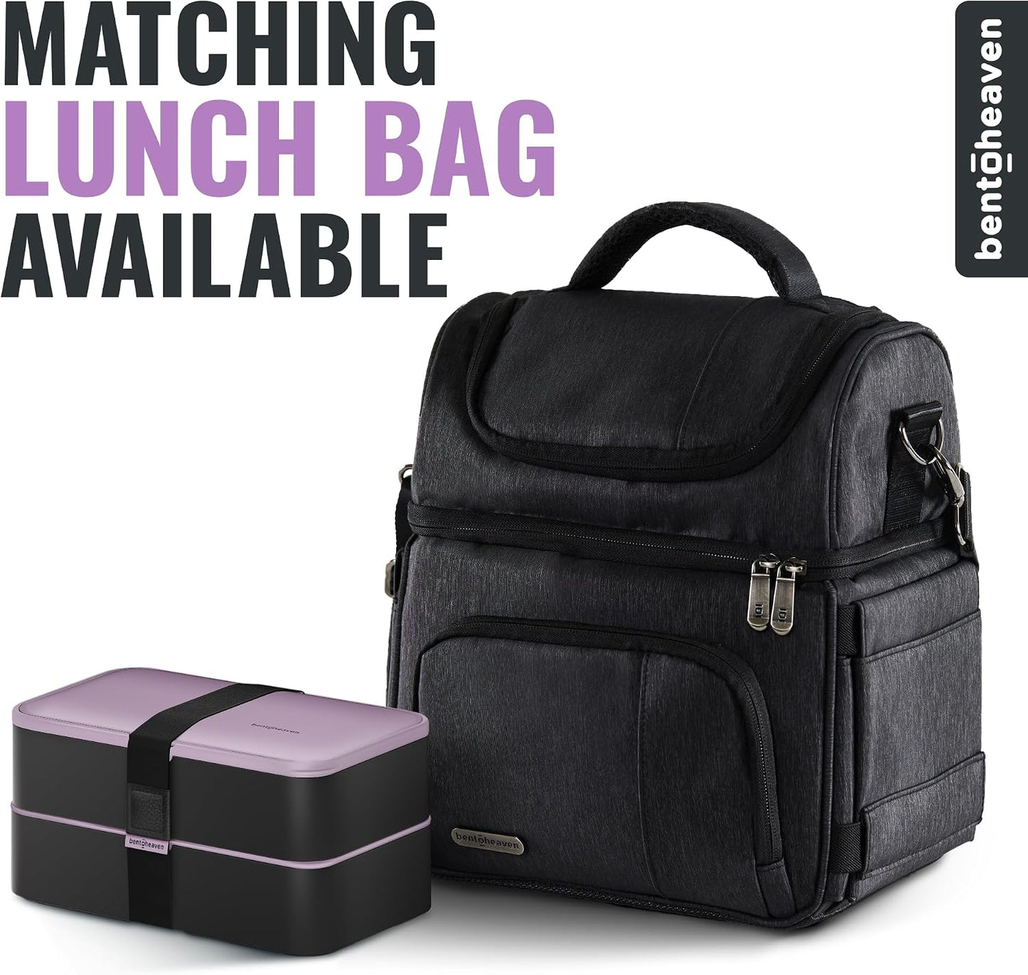 Bentoheaven Premium Bento Box Adult Lunch Box with Compartments for Women & Men, Set of Utensil & Chopsticks & Dip Container, Cute Japanese Kids Bento Lunch Box, Microwavable (Symph Onyx)