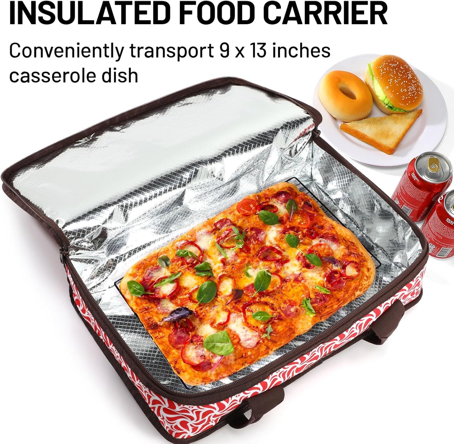 MIER Insulated Casserole Carrier for Hot or Cold Food Thermal Food Carrier Bag for Lasagna Potluck Parties Picnic Cookouts, Fits 9"x13" Baking Dish/Foil Pan, Red