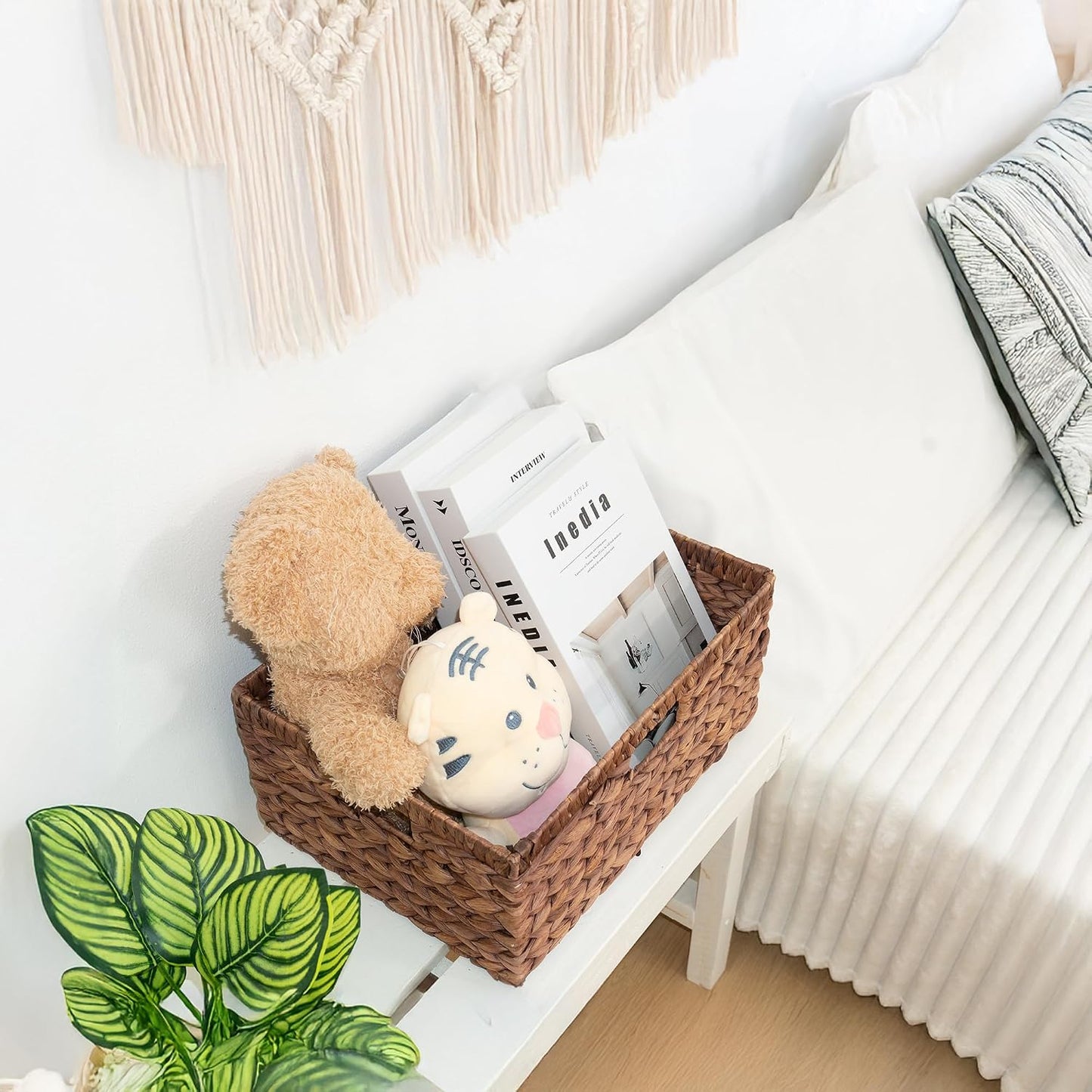 KOKODO Wicker Storage Basket Set of 2, Rectangular Baskets for Shelves with Handles & Chalkboard Labels, Handwoven Water Hyacinth Baskets for Organizing Pantry, Closet & Home.