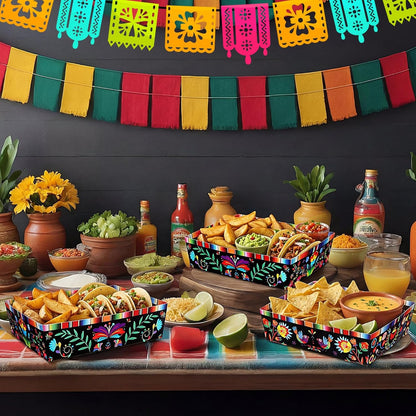 Harloon 36 Pack Mexican Nacho Trays 5 lb Extra Large Mexican Paper Food Trays Fiesta Disposable Cardboard Serving Boats for Cinco De Mayo Taco Fries Snacks Birthday Party Supplies(Floral)