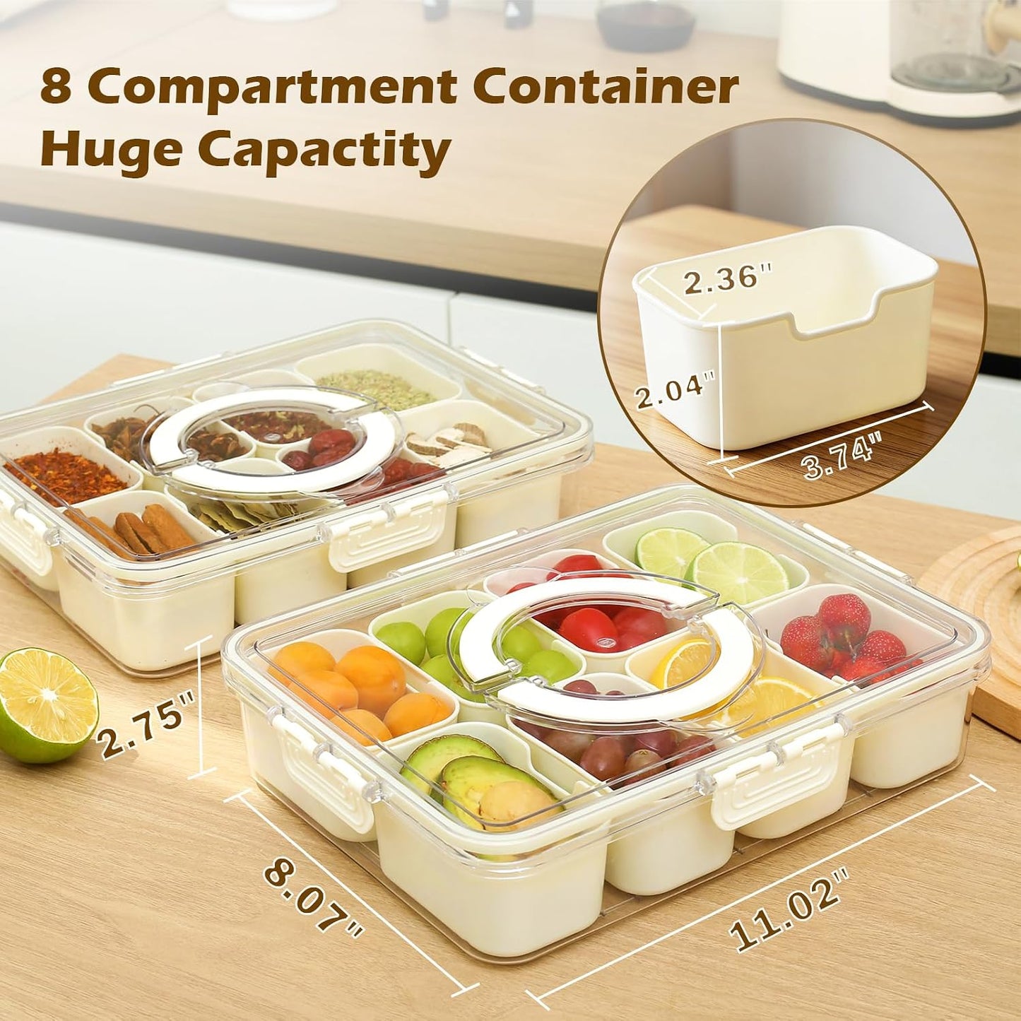 Snackle Box Container with Lid and Handle,8 Compartment Divided Serving Tray-Portable Clear Organizer for Nuts, Fruits, Candy & Veggies-Perfect for Road Trip, Party, Picnic, Camping- 2Pack