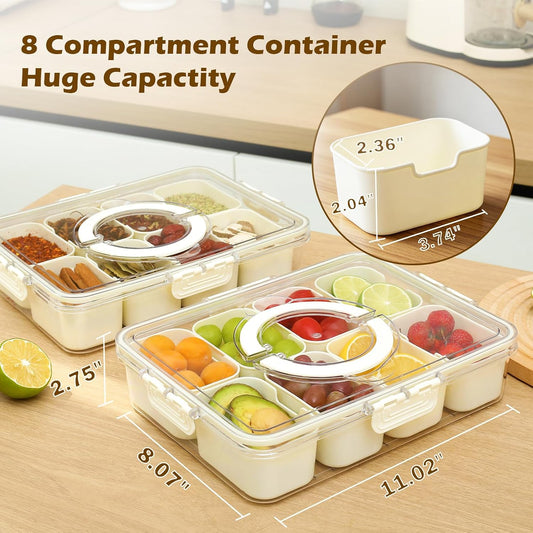 Snackle Box Container with Lid and Handle,8 Compartment Divided Serving Tray-Portable Clear Organizer for Nuts, Fruits, Candy & Veggies-Perfect for Road Trip, Party, Picnic, Camping- 2Pack