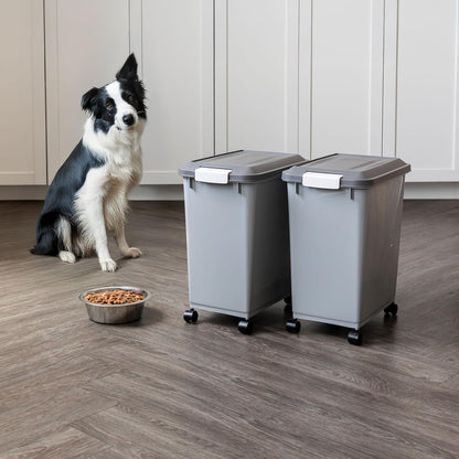IRIS USA Dog Food Storage Container, 2 Pack, Up to 30 lbs Each, Airtight Seal for Freshness, Wheels for Rolling, Easy One Hand Opening, Made in USA, BPA Free, Clear/Black