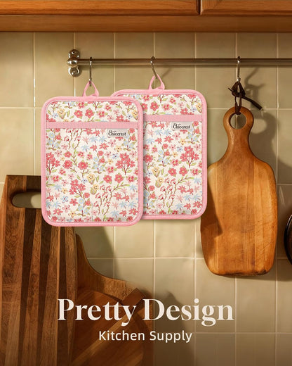 100% Thick Cotton Pot Holders Ribbed Soft Silicone Bright Flower