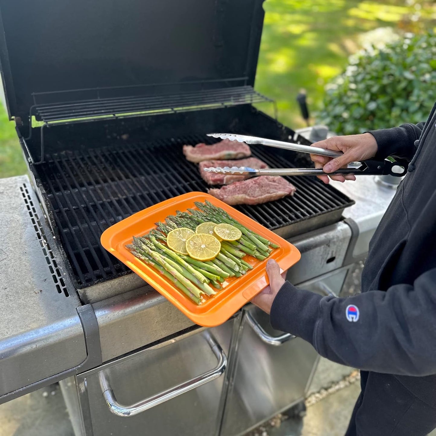 Outset Grill Prep Trays, Set of 2 Small Trays, 10.5" x 10.5", Orange and Black