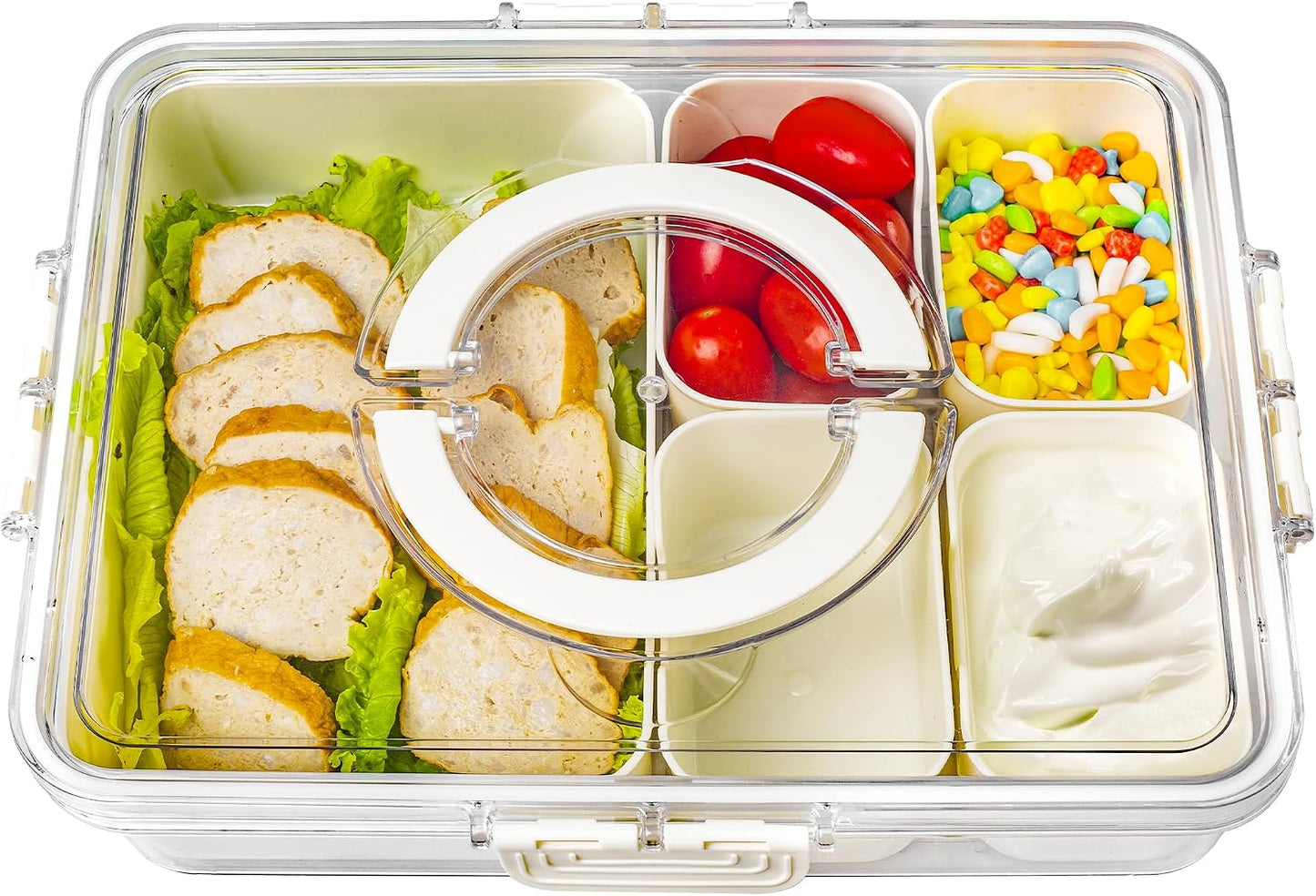 Bandesun Divided Serving Tray with Lid and Handle - Snackle Box Charcuterie Container for Portable Snack Platters - Clear Organizer for Candy, Fruits, Snacks，Nuts - Perfect (Pack of 2)