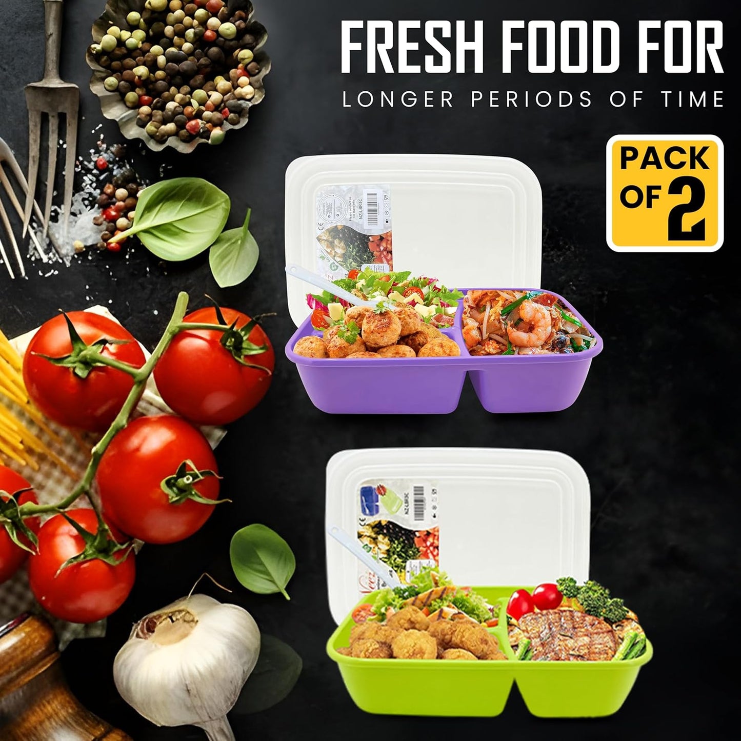 Neez 2-Pack Reusable Bento Box Lunch Containers- 3 Compartment Divided Lunch Organizer, Meal Prep Lunch Box with Lids, Microwave Safe & Sectioned Food Containers(48oz Green & Purple)