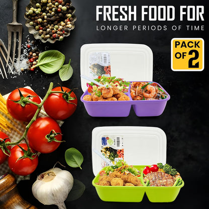 Neez 2-Pack Reusable Bento Box Lunch Containers- 3 Compartment Divided Lunch Organizer, Meal Prep Lunch Box with Lids, Microwave Safe & Sectioned Food Containers(48oz Green & Purple)