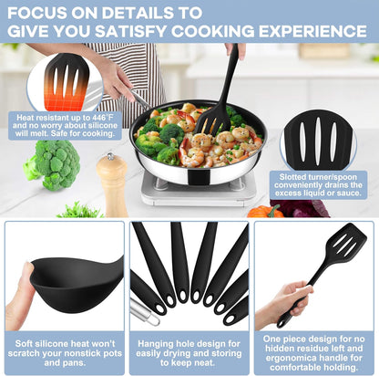 TeamFar Silicone Cooking Utensils Set, 8 PCS Kitchen Utensils Set, 446°F Heat Resistant, Turner, Spatula, Spoon, Whisk, Kitchen Cooking Gadgets Tools for Nonstick Cookware, Dishwasher Safe-Khaki