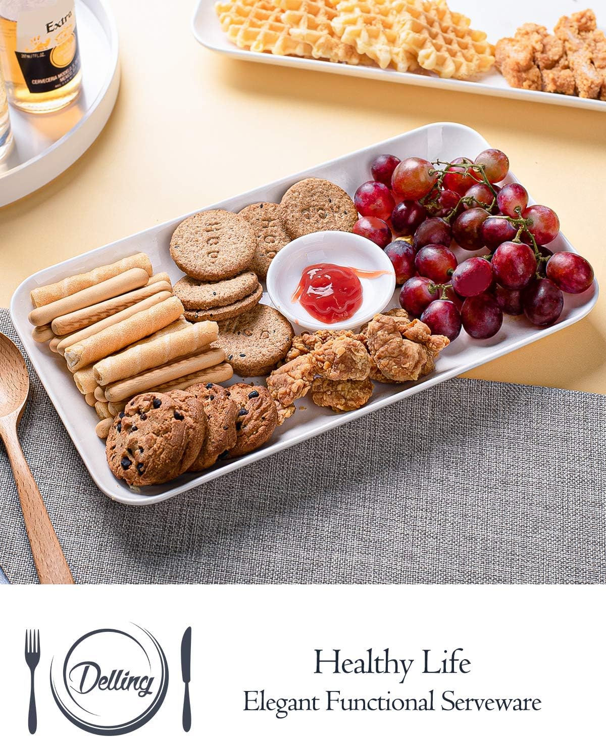 DELLING 16 Inch Large Serving Platter Set of 3, White Porcelain Platters for Serving Food - Rectangular Serving Trays for Party Entertaining, Oven Safe to 590°F, Dinnerware