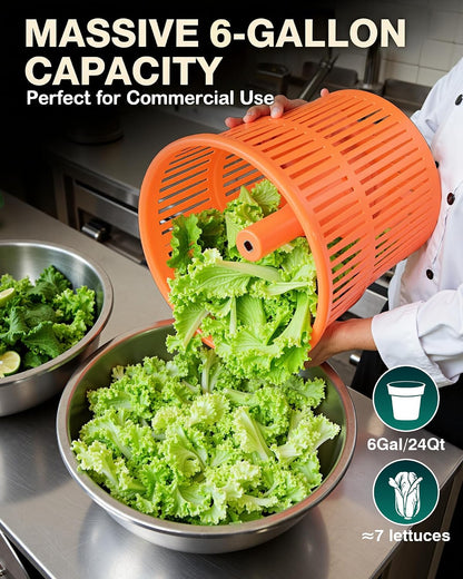 WantJoin Commercial Salad Spinner - 6 Gallon Salad Dryer w/Silicone Draining Hose, Orange, 24Qt Manual Salad Spinner for up to 7 Heads of Lettuce Spinner Large for Catering