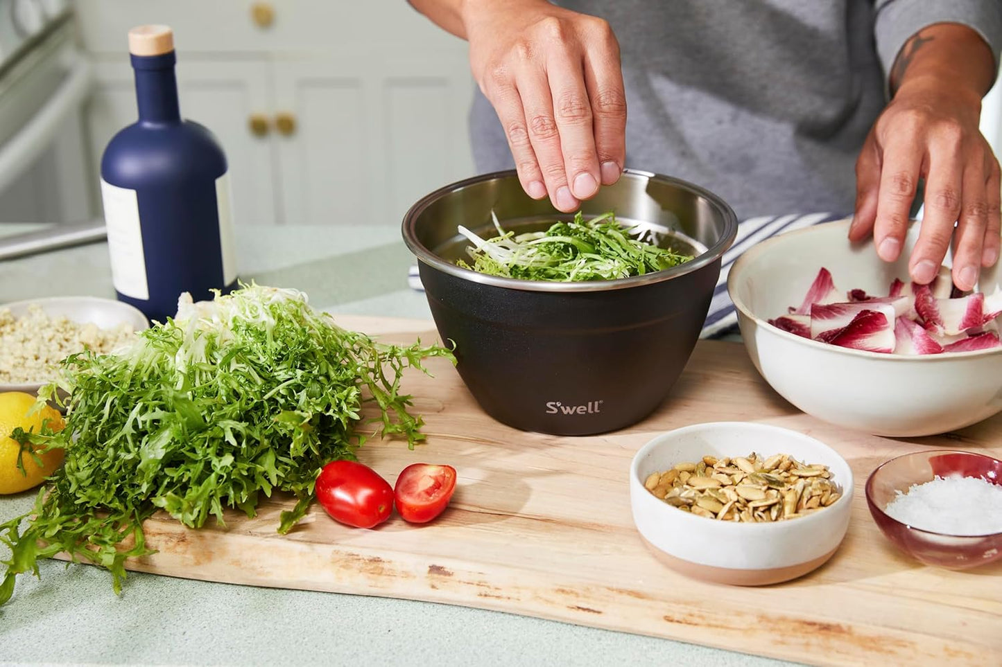 S'well Stainless Steel Salad Bowl Kit 64oz, Peacock Blue, Comes with 2oz Mini Canister and Removable Tray for Organization, Leakproof, Easy to Clean, Dishwasher Safe