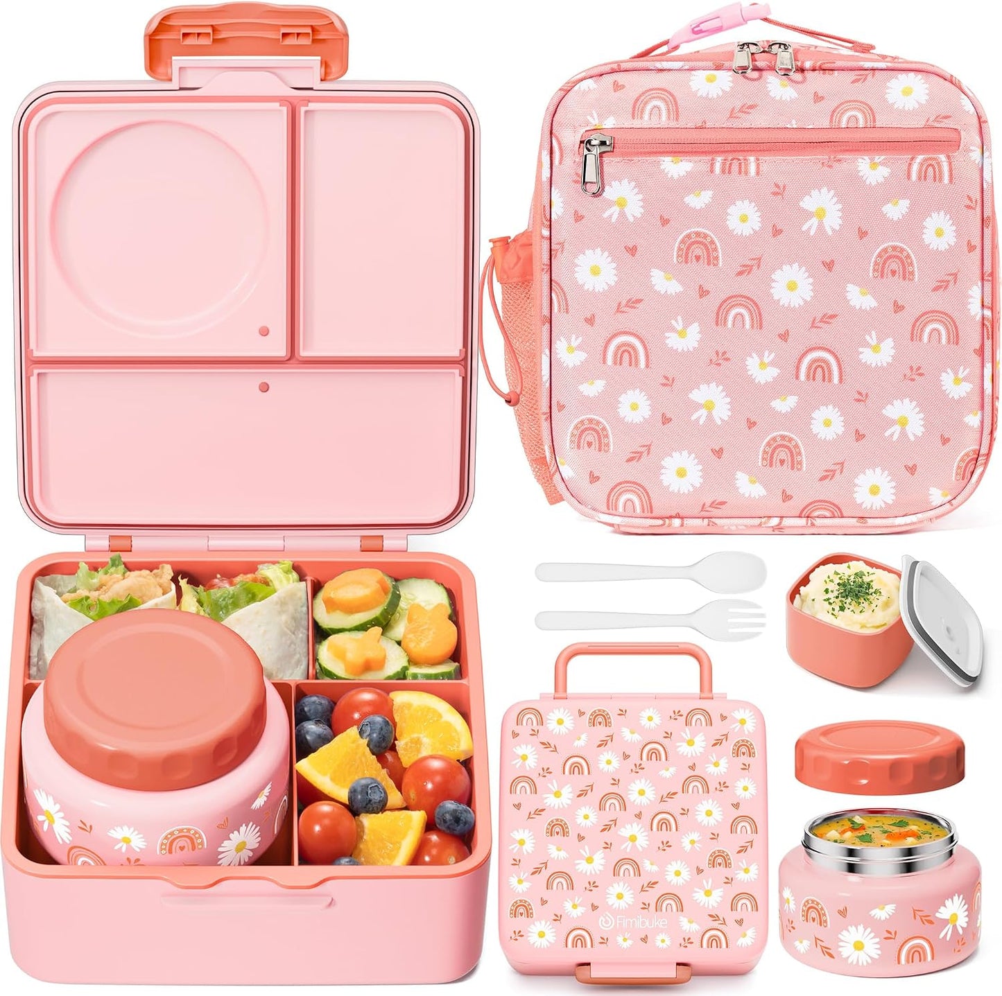 Fimibuke Bento lunch Box Set for Kids Adult with 8oz Insulated Food Jar, Lunch Bag & Sauce Cup, Leakproof Dishwasher Safe Toddler Lunch Food Container with 3-4 Compartment for School Girls Boys