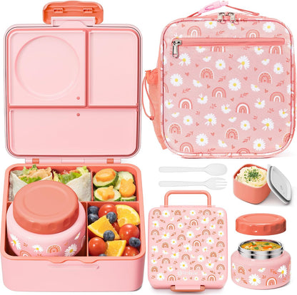 Fimibuke Bento lunch Box Set for Kids Adult with 8oz Insulated Food Jar, Lunch Bag & Sauce Cup, Leakproof Dishwasher Safe Toddler Lunch Food Container with 3-4 Compartment for School Girls Boys