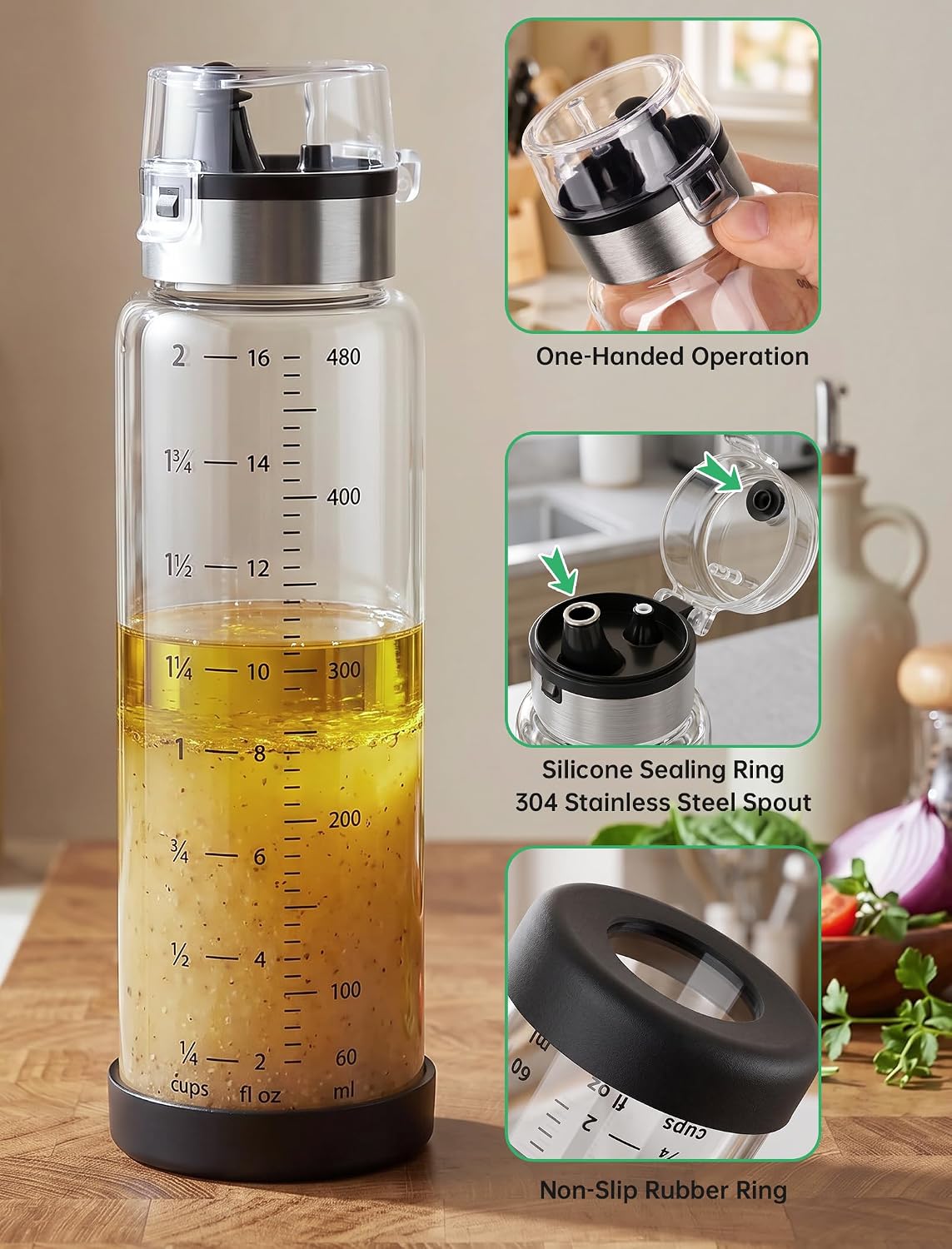 NiHome Glass Salad Dressing Shaker Bottle 16oz with Mixing Ball, Black
