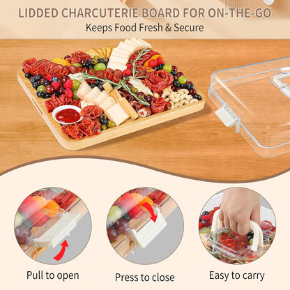 CAWIU Portable Travel Charcuterie Board with Lid and Handle - Large Bamboo Cheese Board with 4 Cheese Knife Set for Outdoor, Picnics - Weddings, House Warming Gift for Women (1 Compartment, White)